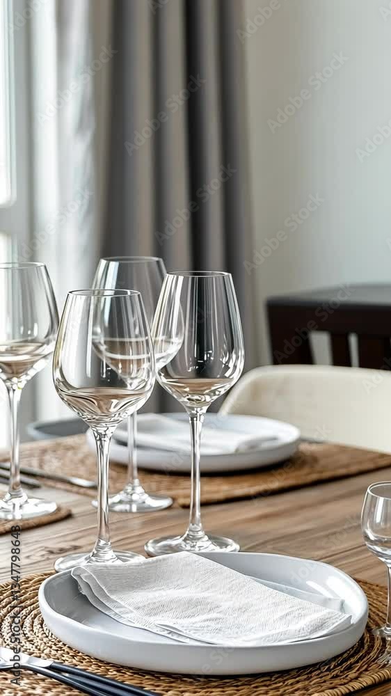 Elegant dining setup featuring wine glasses and plates in a modern interior during daylight hours Elegant dining setup featuring wine glasses and plates in a modern interior during daylight hours