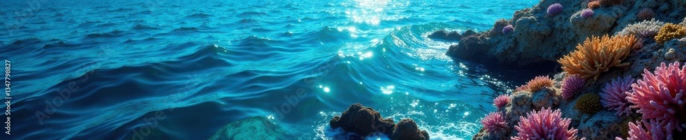 Naklejka premium Deep ocean surface with dark blue waves gently lapping against coral reef , reef, coral