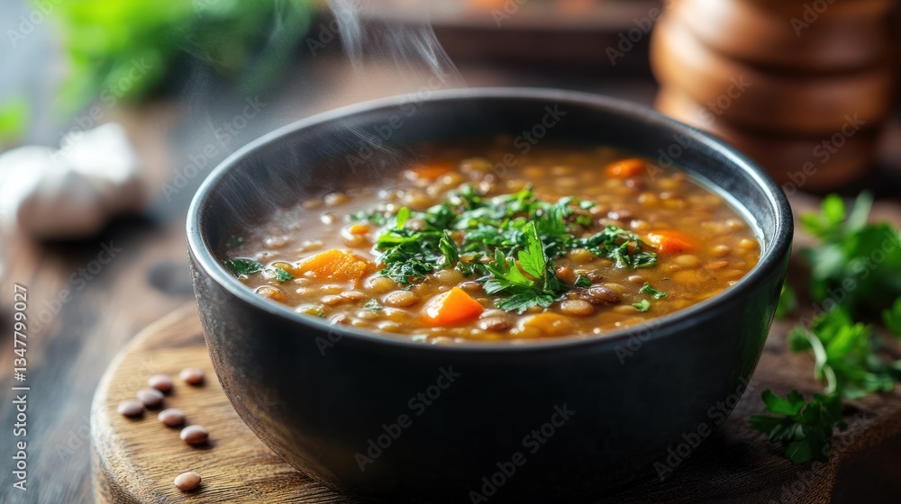 Inviting homemade lentil soup served steaming hot in a dark bowl on rustic wood Inviting homemade lentil soup served steaming hot in a dark bowl on rustic wood