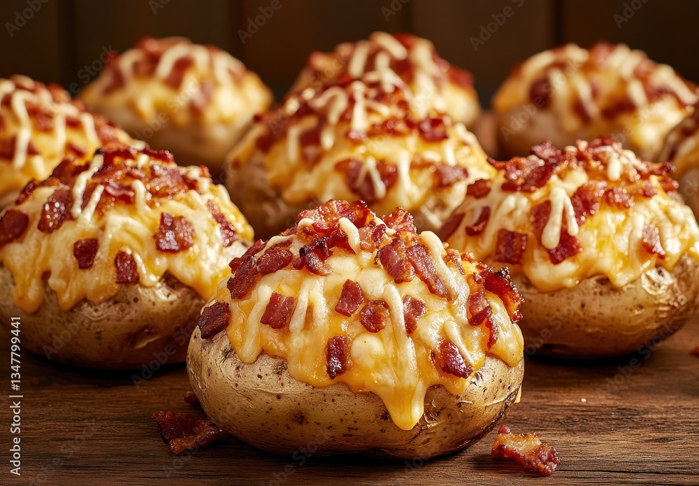Baked Potatoes Loaded with Cheese and Crispy Bacon Bits on a Wooden Table Ideal for Comfort Food Lovers and Culinary Enthusiasts Baked Potatoes Loaded with Cheese and Crispy Bacon Bits on a Wooden Table Ideal for Comfort Food Lovers and Culinary Enthusiasts