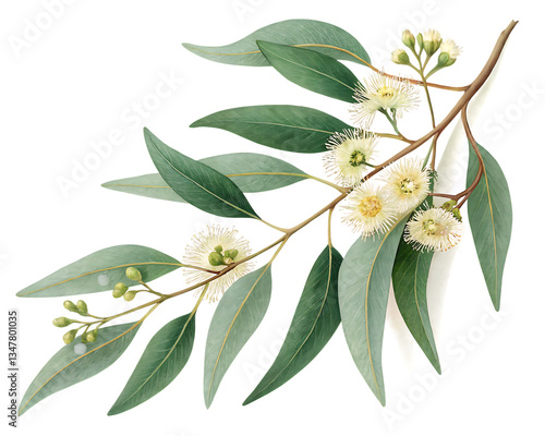 eucalyptus branch with flowers isolated on white background,  PNG.