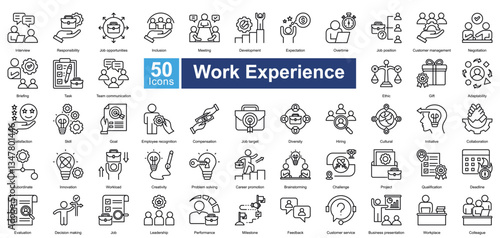 Work Experience icon set in outline style, featuring 50 icons of career growth, job roles, teamwork, and professional skills. Perfect for HR, employee training, and workplace management.