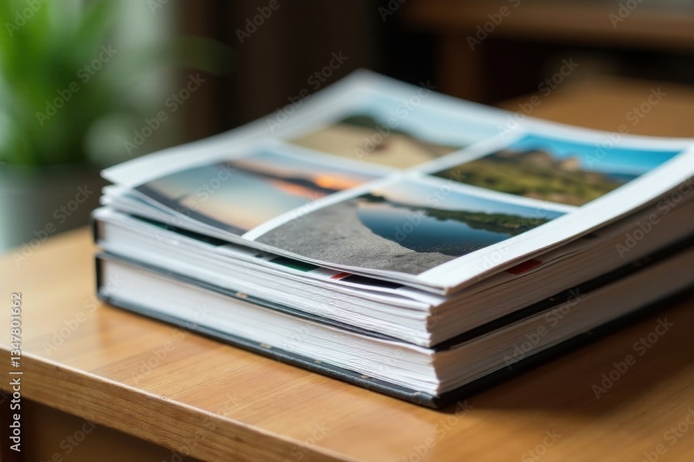 Stack of blank photo albums on a wooden table , office supplies, storage Stack of blank photo albums on a wooden table , office supplies, storage
