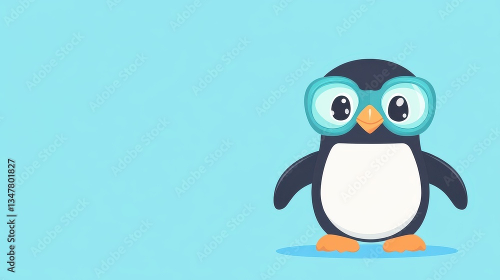 Fototapeta premium A charming cartoon penguin with a snorkel, ready for an underwater adventure, brings a playful vibe to this modern illustration.