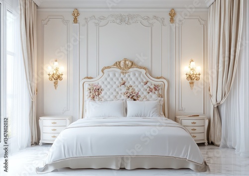 Luxurious master bedroom with white and golden elegant decorations