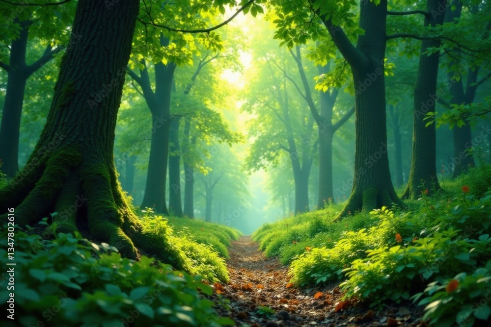 Obraz premium Dense foliage and towering trees create a sense of depth and dimensionality, as dappled sunlight illuminates the forest floor, woodland, dappled light, natural ambiance