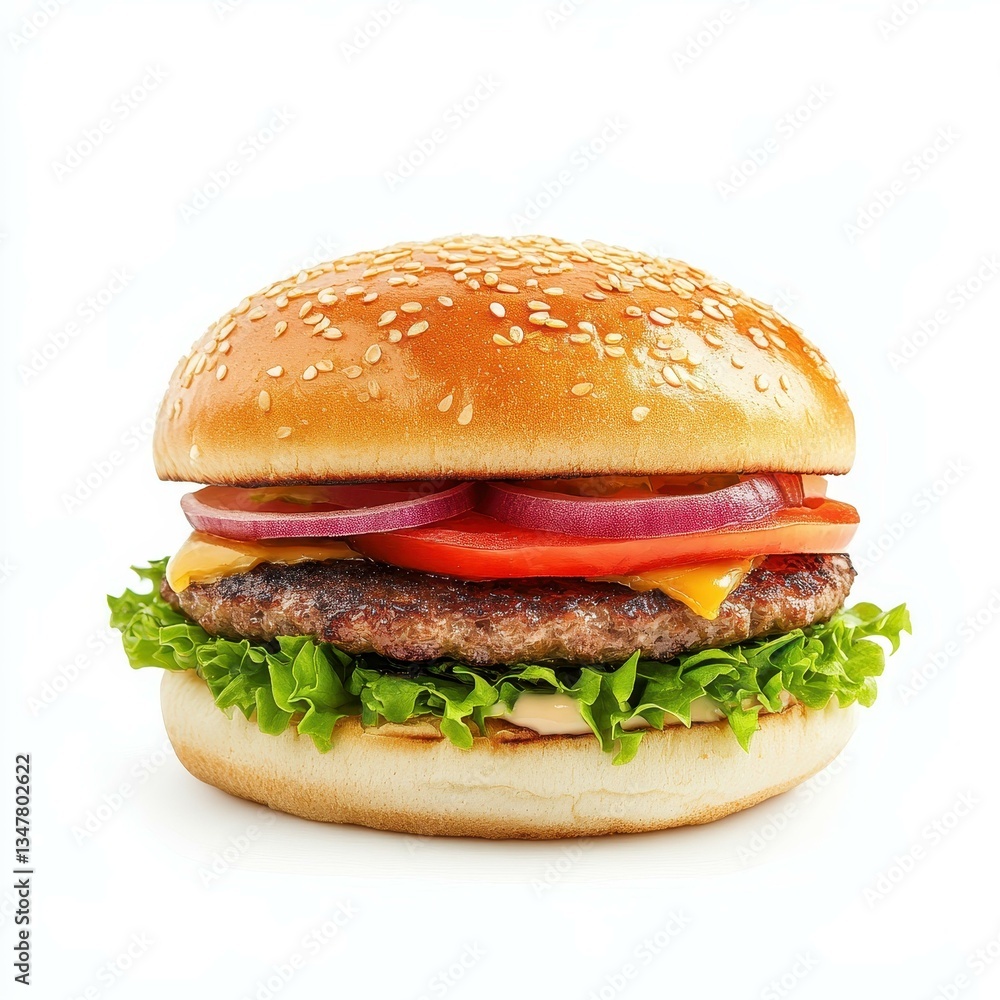 A classic burger on a white background, showcasing its juicy patty and fresh toppings in full detail. A classic burger on a white background, showcasing its juicy patty and fresh toppings in full detail.