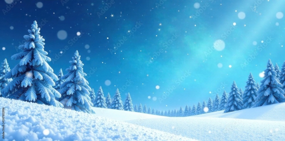 Winter landscape with blue sky and snowflakes, snowy landscape, winter wonderland Winter landscape with blue sky and snowflakes, snowy landscape, winter wonderland