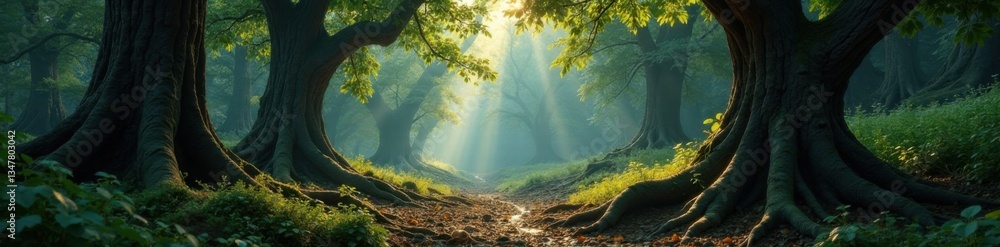 Dense forest with gnarled tree trunks and twisted roots , rugged, trees Dense forest with gnarled tree trunks and twisted roots , rugged, trees