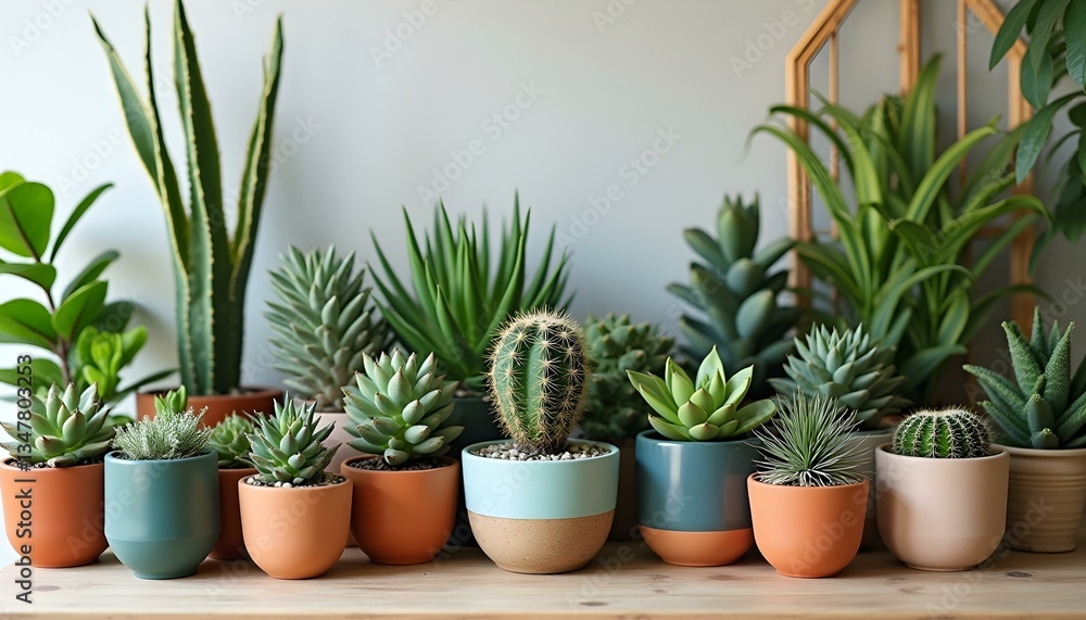 Obraz premium Set of indoor plants in colorful ceramic pots. A lush indoor garden featuring a variety of tropical plants, succulents, and cacti in stylish, colorful ceramic pots