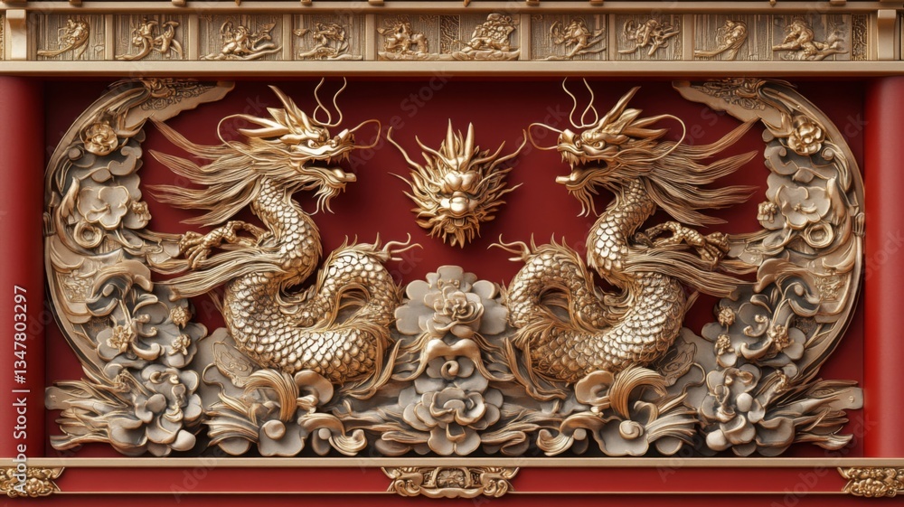 Intricate Gold Dragons Adorn Red Panel Art Intricate Gold Dragons Adorn Red Panel Art