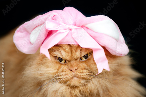 Angry Cat Wearing Pink Bunny Hat 