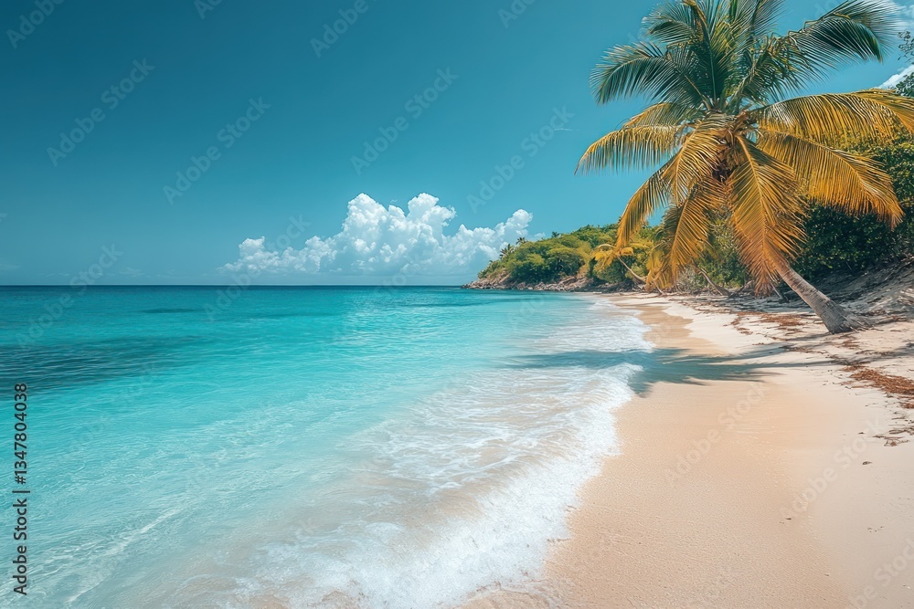 Fototapeta premium Tropical beach paradise, palm tree, turquoise water, sunny sky, vacation