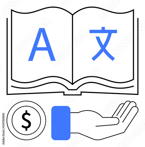 Open book with multilingual characters, extending hand, and dollar coin. Ideal for translation, education, donation, business, international trade globalization charitable services. Flat simple