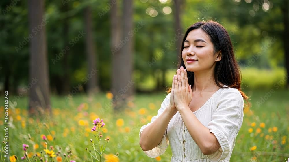 A serene woman enjoying a moment of peace in a vibrant flower field. A serene woman enjoying a moment of peace in a vibrant flower field.
