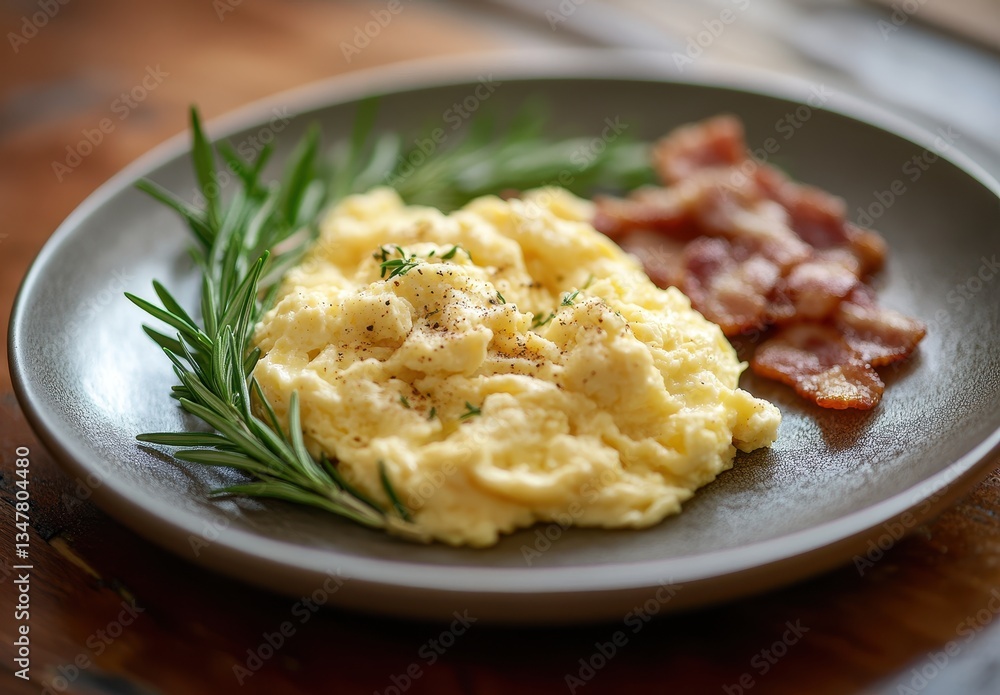 Creamy Scrambled Eggs with Crispy Bacon and Fresh Rosemary on a Rustic Plate, Perfect for Breakfast or Brunch Photography Creamy Scrambled Eggs with Crispy Bacon and Fresh Rosemary on a Rustic Plate, Perfect for Breakfast or Brunch Photography