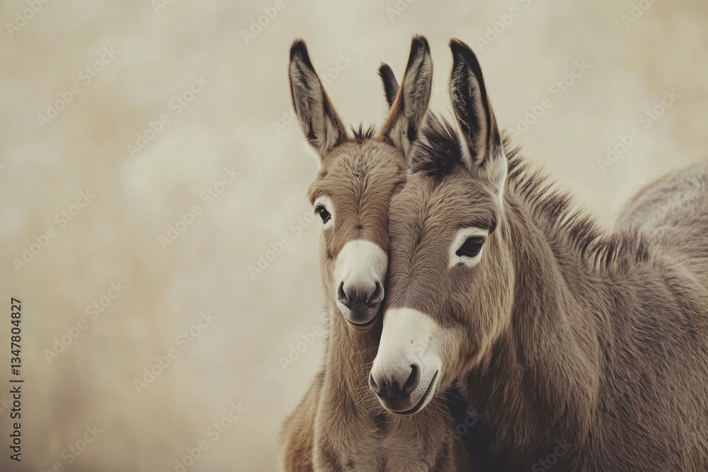 Two Affectionate Brown Donkeys Cuddling in a Soft, Natural Light Portrait, Farm Animals, Equine Companions, Sweet, Tender Two Affectionate Brown Donkeys Cuddling in a Soft, Natural Light Portrait, Farm Animals, Equine Companions, Sweet, Tender