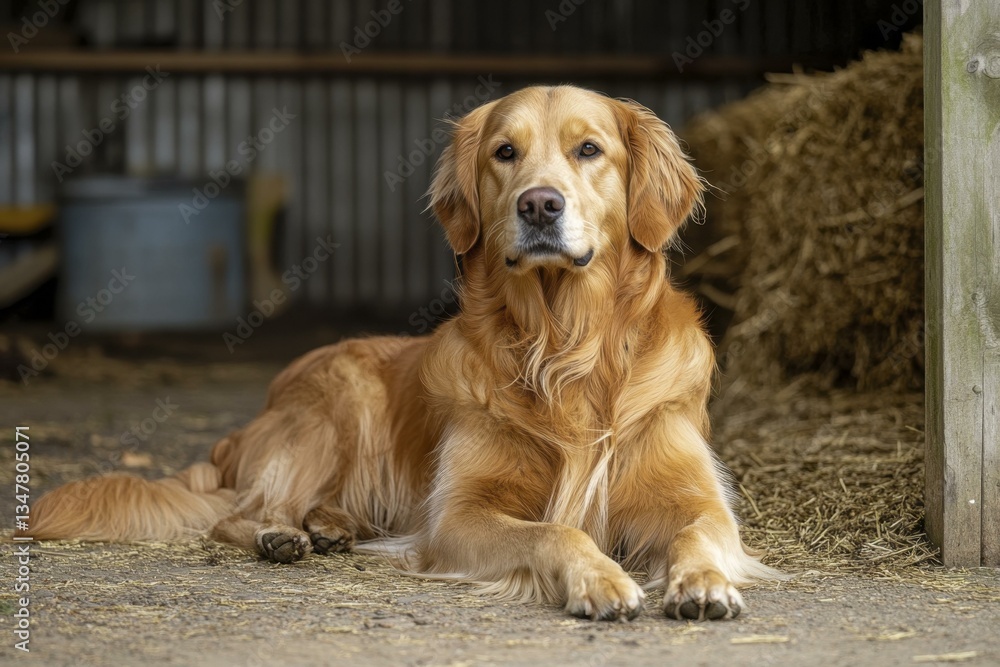 Golden Retriever Dog Relaxing Near Hay Bale in Barn, Rustic Scene, Calm Pet