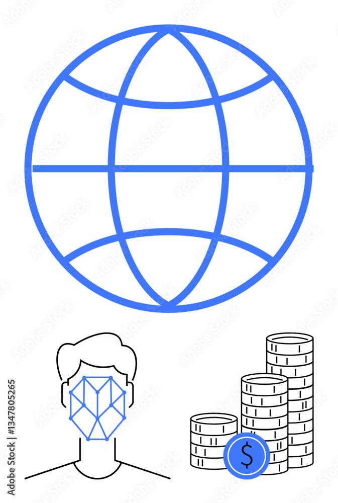 Globe, geometric face with recognition pattern, and stacked coins represent global connectivity, AI, biometrics, economy, cryptocurrency. Ideal for technology, finance globalization innovation Globe, geometric face with recognition pattern, and stacked coins represent global connectivity, AI, biometrics, economy, cryptocurrency. Ideal for technology, finance globalization innovation