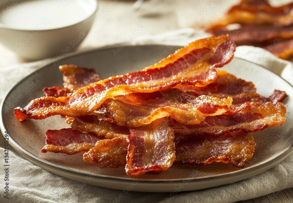 Crispy and Delicious Bacon Strips on a Plate Ready for Breakfast or Snack with a Creamy Dip in the Background Crispy and Delicious Bacon Strips on a Plate Ready for Breakfast or Snack with a Creamy Dip in the Background