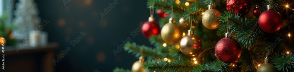Elegant Christmas tree with ornaments and lights, ornaments, Christmas tree, evergreen Elegant Christmas tree with ornaments and lights, ornaments, Christmas tree, evergreen