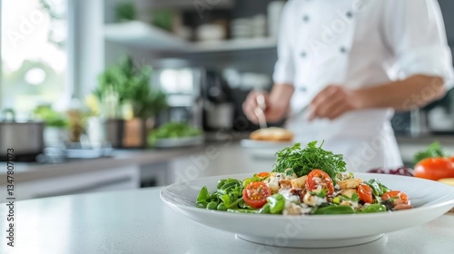 Wallpaper Mural A chef skillfully garnishes a colorful salad with fresh vegetables in a contemporary kitchen filled with natural light. The focus is on the vibrant ingredients Torontodigital.ca