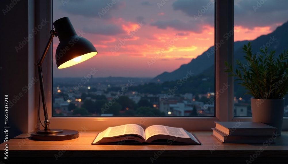 Fototapeta premium Elegant study at dusk with books and desk light on, desk lamp, bookshelf