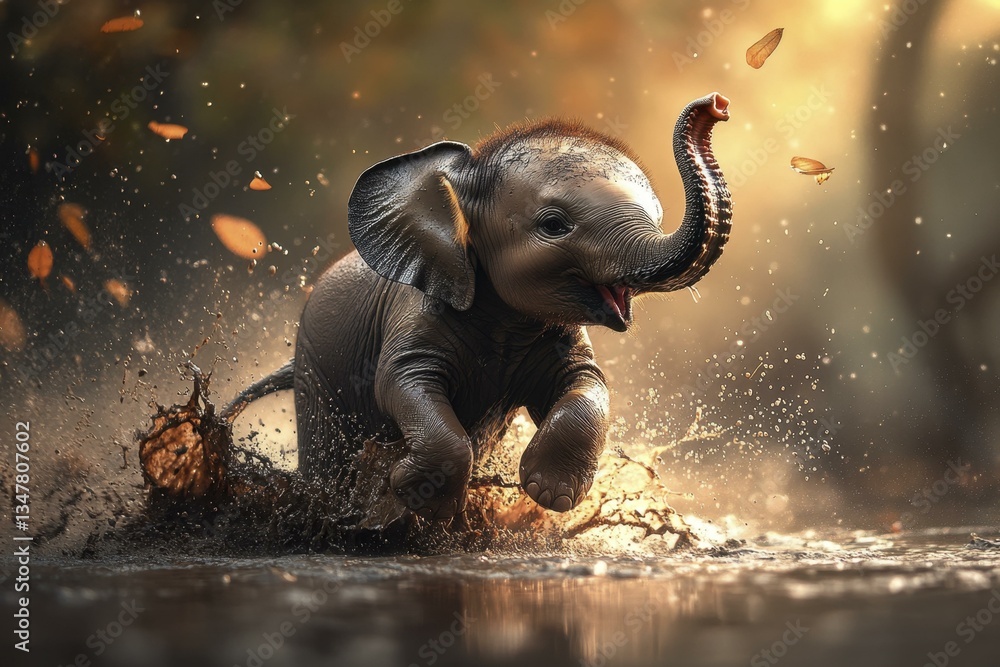 Obraz premium Baby Elephant Galloping in Muddy Water with Falling Leaves and Backlit Sunlight