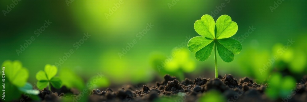 Naklejka premium Emerald four-leaf clover sprouting from lush green soil, four-leaf clover, foliage