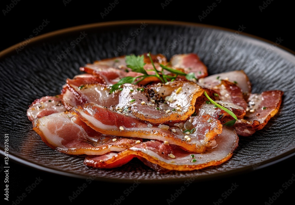 Crispy Bacon Strips Garnished with Herbs on a Textured Plate, Perfect for Culinary Delights and Gourmet Presentations Crispy Bacon Strips Garnished with Herbs on a Textured Plate, Perfect for Culinary Delights and Gourmet Presentations