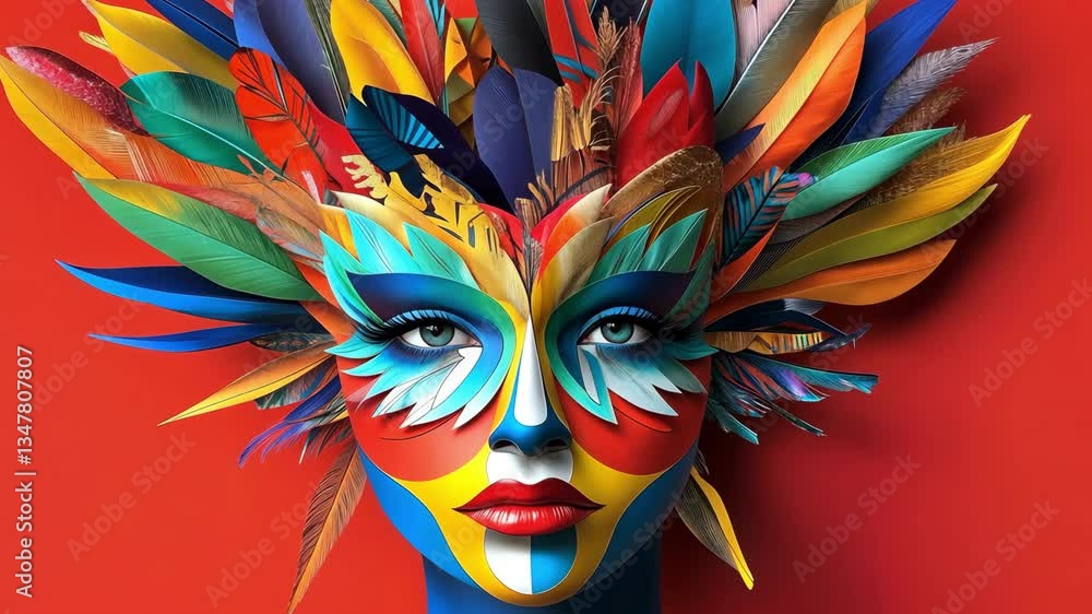 Carnival mask with feathers and painted face in bright colors on red backdrop Carnival mask with feathers and painted face in bright colors on red backdrop