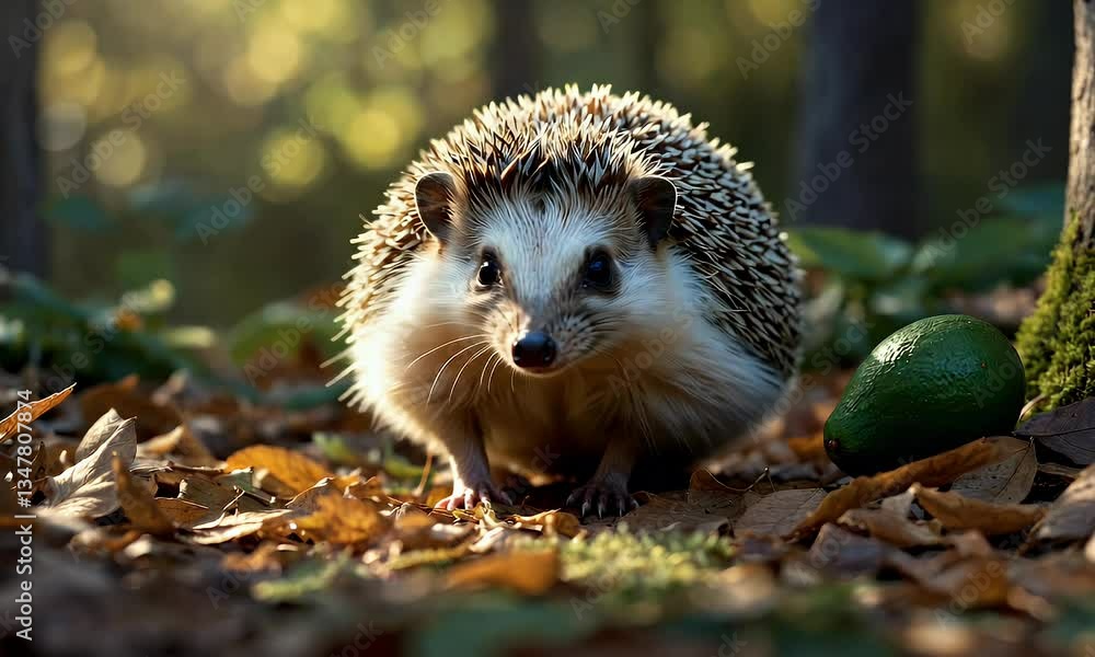 A hedgehog exploring a forest floor beside an avocado, surrounded by autumn leaves. A hedgehog exploring a forest floor beside an avocado, surrounded by autumn leaves.