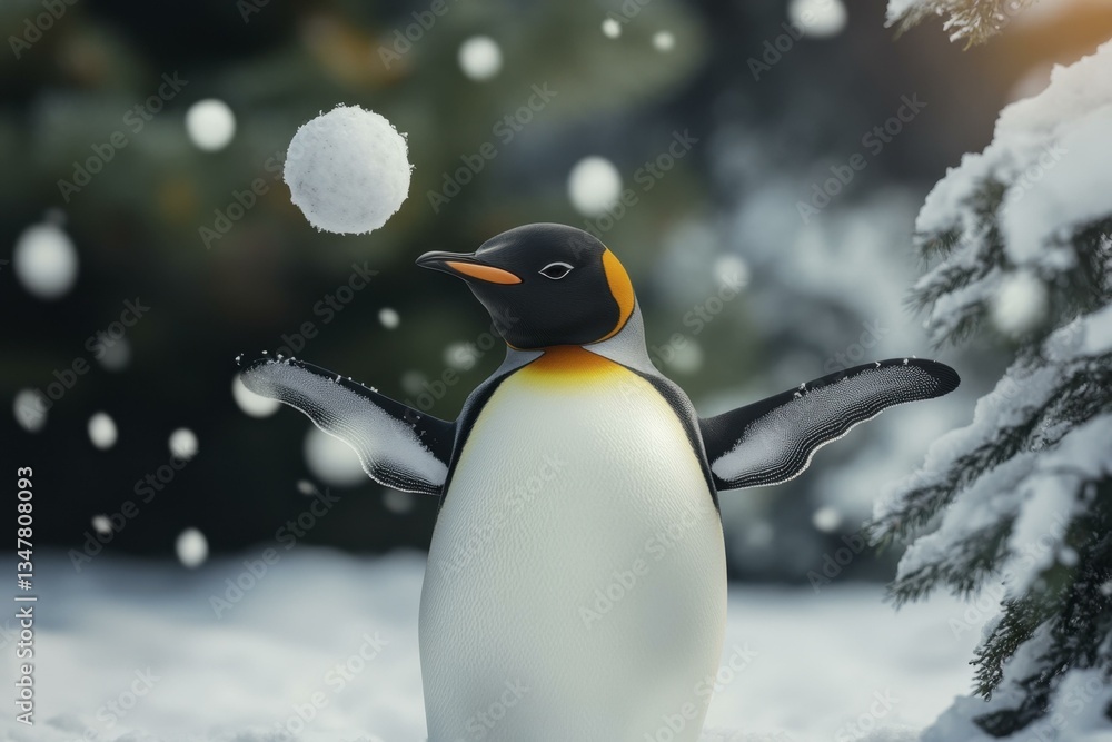 Fototapeta premium Emperor Penguin Enjoys Winter Snowfall Tossing Snowball in Snowy Environment Festive Fun and Wintertime Celebration