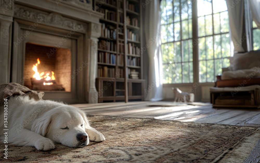 Fototapeta premium A calm white dog sleeps peacefully on a rug near a warm fireplace, surrounded by sunlight streaming through large windows and bookshelves filled with books