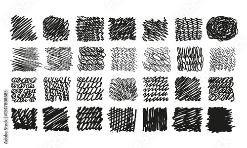 Twenty eight squares with various filling. Option 2. Doodles and squiggles. Vector set