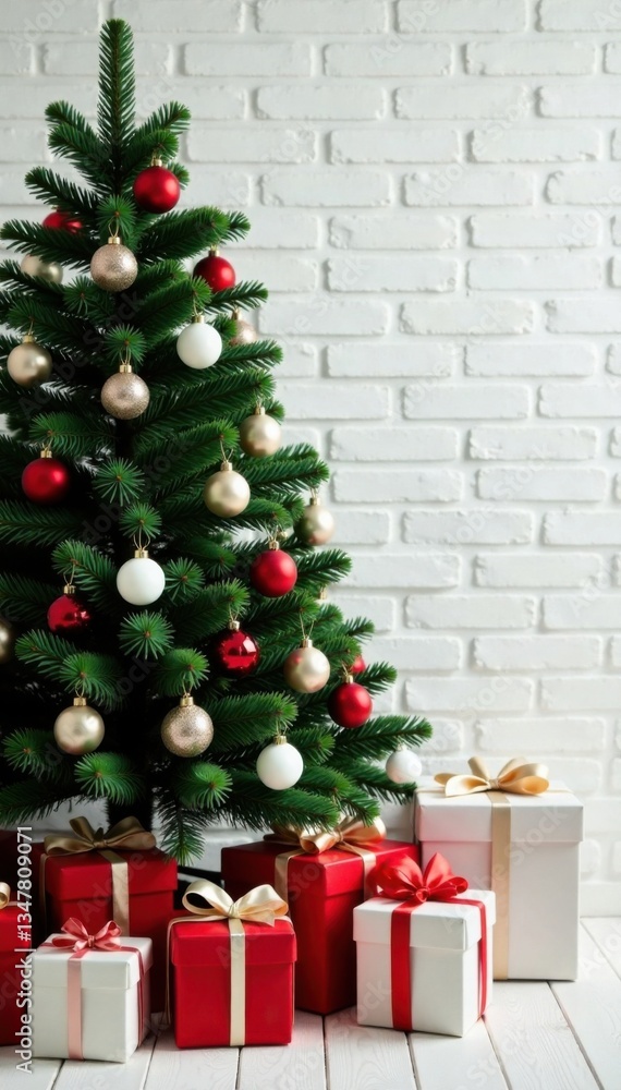 Evergreen tree with ornaments atop white brick wall amidst gift boxes, holiday season, festive atmosphere Evergreen tree with ornaments atop white brick wall amidst gift boxes, holiday season, festive atmosphere