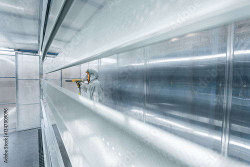 man painting parts in powder coating booth