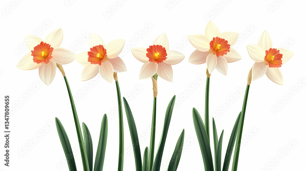 Three stems and flowers of the small-cup daffodil cultivar pink rim against a white background. beautiful simple ai generated image. Primal Luster. Illustration Three stems and flowers of the small-cup daffodil cultivar pink rim against a white background. beautiful simple ai generated image. Primal Luster. Illustration