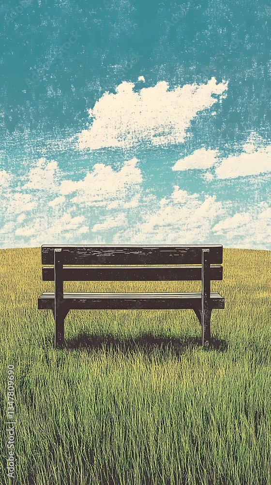 Fototapeta premium Serene Bench in Green Field with Fluffy Clouds a Moment of Peace and Quiet Contemplation Art