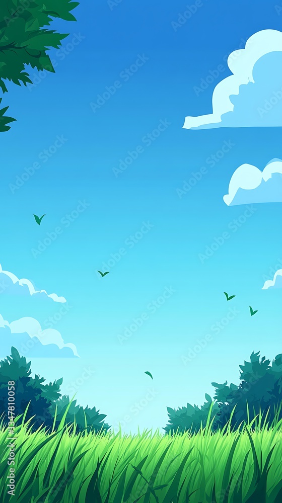 Obraz premium Serene Green Landscape with Soft Clouds and Clear Blue Sky Vector Illustration Graphic Art
