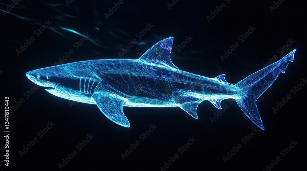 Neon illuminated shark gliding through the darkness with a stunning luminescent glow Neon illuminated shark gliding through the darkness with a stunning luminescent glow