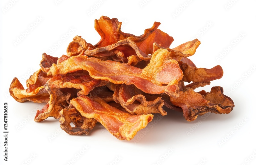 Crispy Fried Bacon Strips on a White Surface, Delicious Snack for Any Occasion, Perfect Appetizer for Parties, Ideal Ingredient for Various Dishes Crispy Fried Bacon Strips on a White Surface, Delicious Snack for Any Occasion, Perfect Appetizer for Parties, Ideal Ingredient for Various Dishes