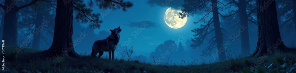 Fototapeta premium Forest under moonlight with a wolf howling softly, wilderness, moonlight