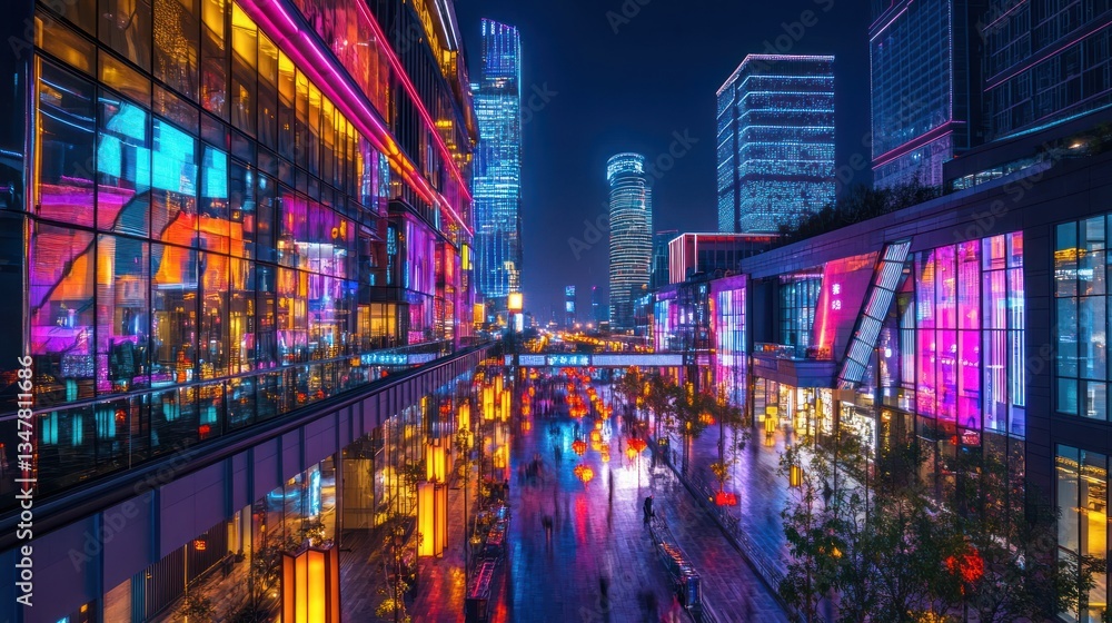Vibrant cityscape at night with colorful lights and bustling streets. Vibrant cityscape at night with colorful lights and bustling streets.