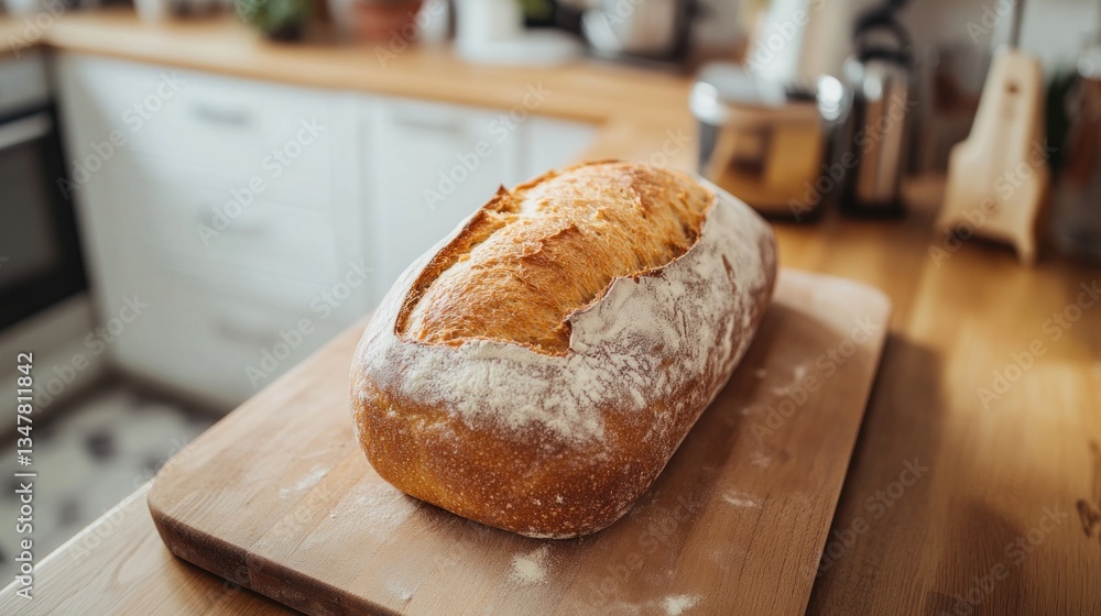 Artisanal Sourdough Loaf on Wooden Board in Kitchen, Freshly Baked Goodness Artisanal Sourdough Loaf on Wooden Board in Kitchen, Freshly Baked Goodness