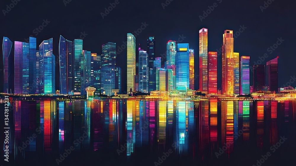 Naklejka premium A vibrant city skyline at night, reflecting colorful lights on water.