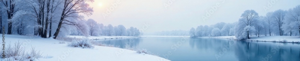 Frosty landscape with snow-covered trees and frozen lake , lake, snow, frozen Frosty landscape with snow-covered trees and frozen lake , lake, snow, frozen