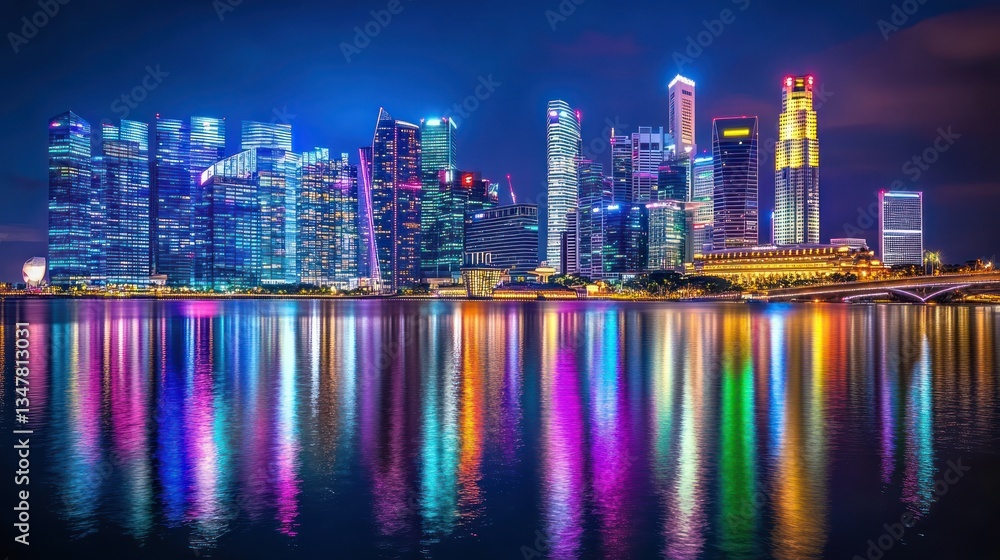 Fototapeta premium Nighttime cityscape with colorful reflections in water, showcasing modern architecture.