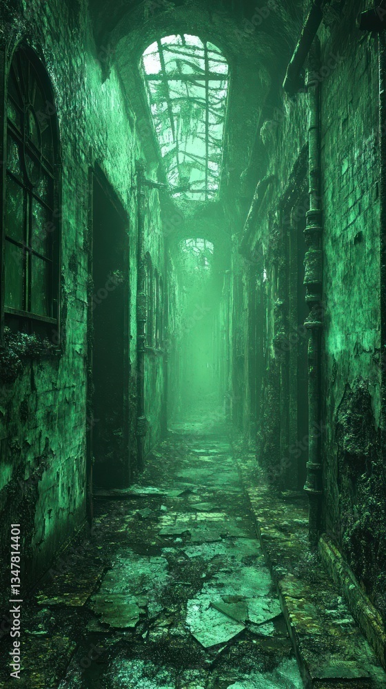 Fototapeta premium Overgrown, abandoned hallway bathed in green light.