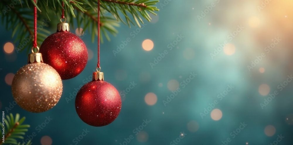 Glittering Christmas ornaments suspended from a metallic frame, christmas, festive Glittering Christmas ornaments suspended from a metallic frame, christmas, festive